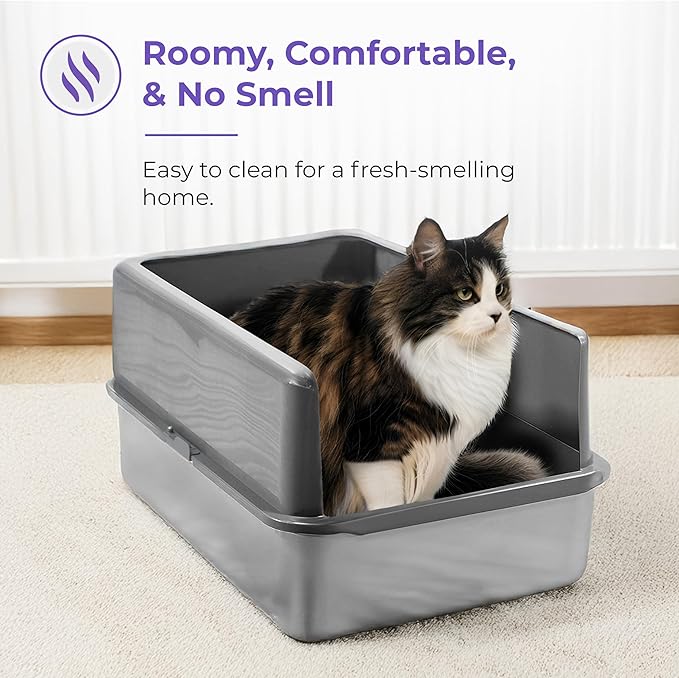 iPrimio - Stainless Steel Enclosed Litter Box for Cats - Easy to Clean - Includes High-Sided Litter Box, Scooper for Extra Scatter Protection - Medium Size for Big Cats - 20 x 14.2 x 6 in