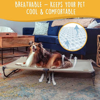 Daisy Cot, Large Foldable Elevated Dog Bed, Portable Raised Outdoor Folding Dog Cot, Cooling, Chew Proof, Waterproof, Heavy Duty Up to 160 Lbs for Camping/Home, Brown, 43"x27"x7”