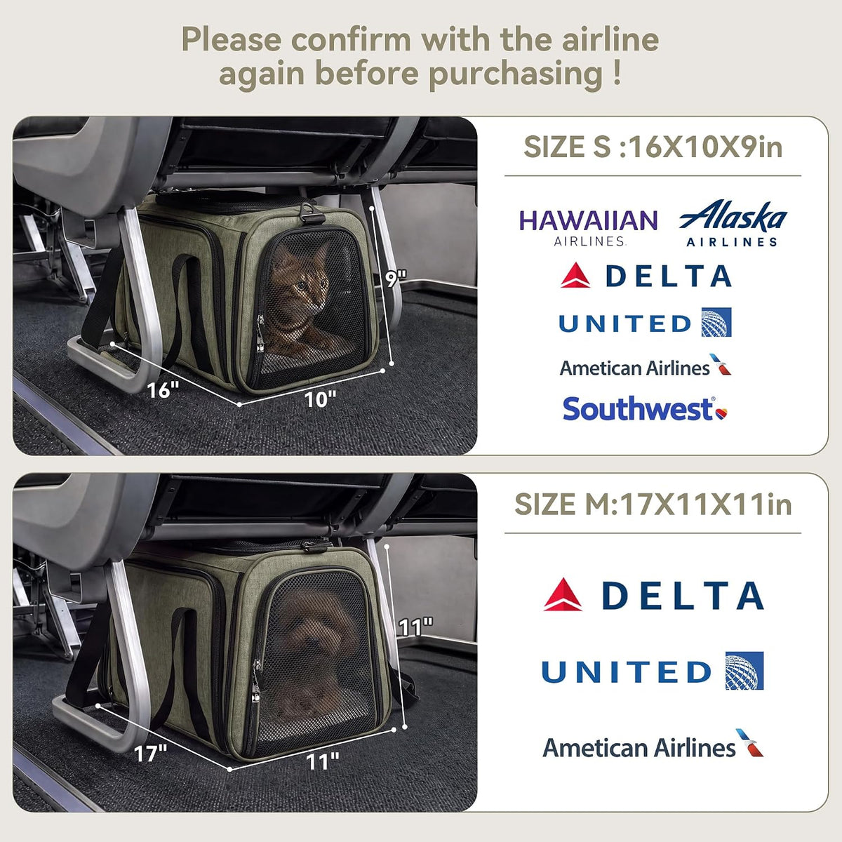 Petsfit Medium Expandable Cat Carrier for Air Travel - 16.0"L x 10.0"W x 9.0"H / Green - image 3