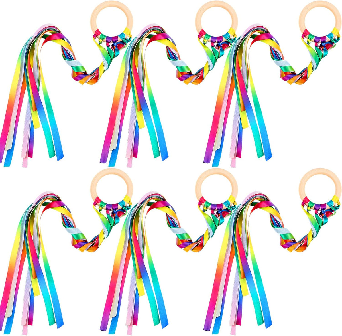 Sumind 6 pack of ribbon dance wands for kids with smooth hardwood rings and bright ribbons