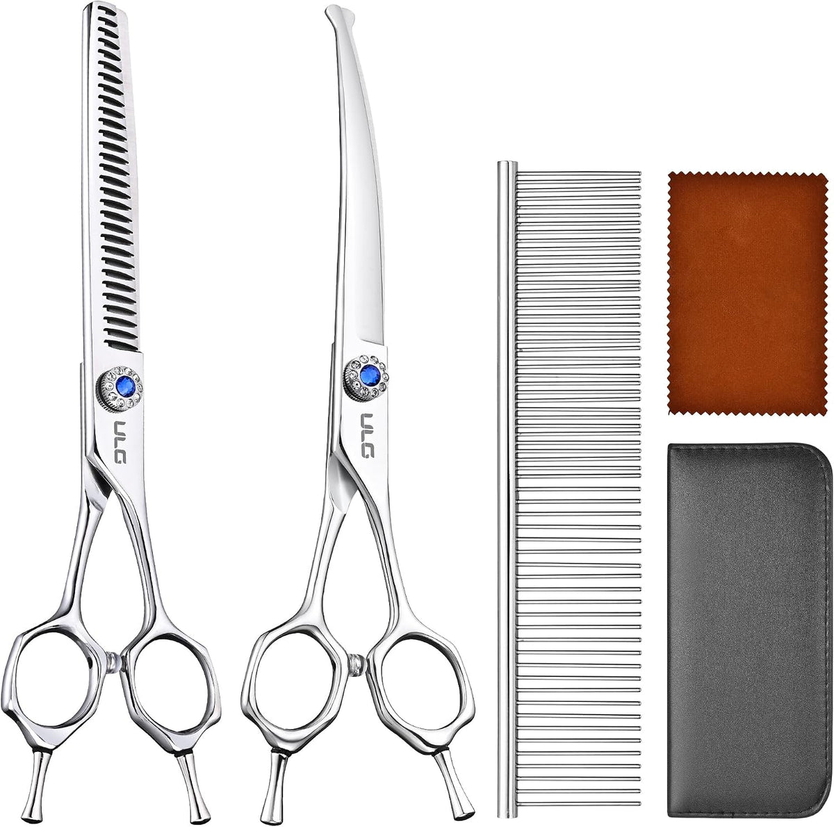 ULG Curved Dog Grooming Shears, 440C Stainless Steel - 3pcs SnagFree with Pouch