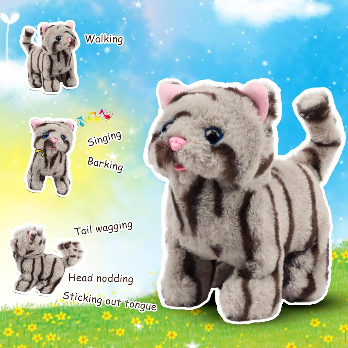 Easfan Walking Dog Toy for Kids Barking Interactive Puppy Stuffed - Grey Cat - image 3