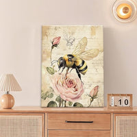 Rustic Bee Bathroom Pictures Wall Art, Vintage Floral Bathroom Wall Decor, Pink Rose Flower Framed Painting Canvas Artwork for Bedroom Living Room Decorations 20"L x 16"W