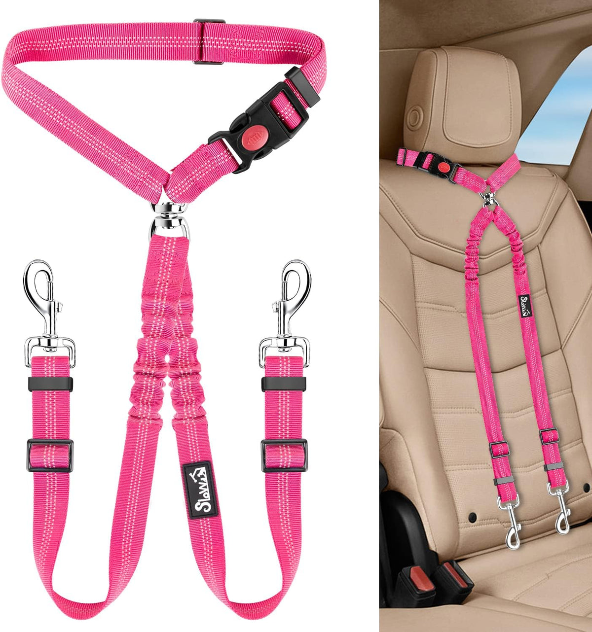 Lukovee Double Dog Car Seat Belt, No Tangle Headrest Restraint – Essentials for Dogs - Fluorescent Pink / 1 Pack