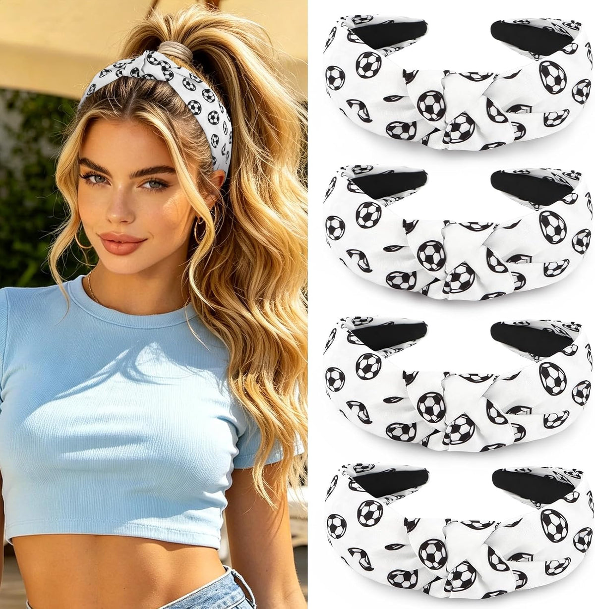 YISSION 4Pcs Wide Halloween Knotted Headbands Pumpkin Ghost Skull - White Soccer Pattern