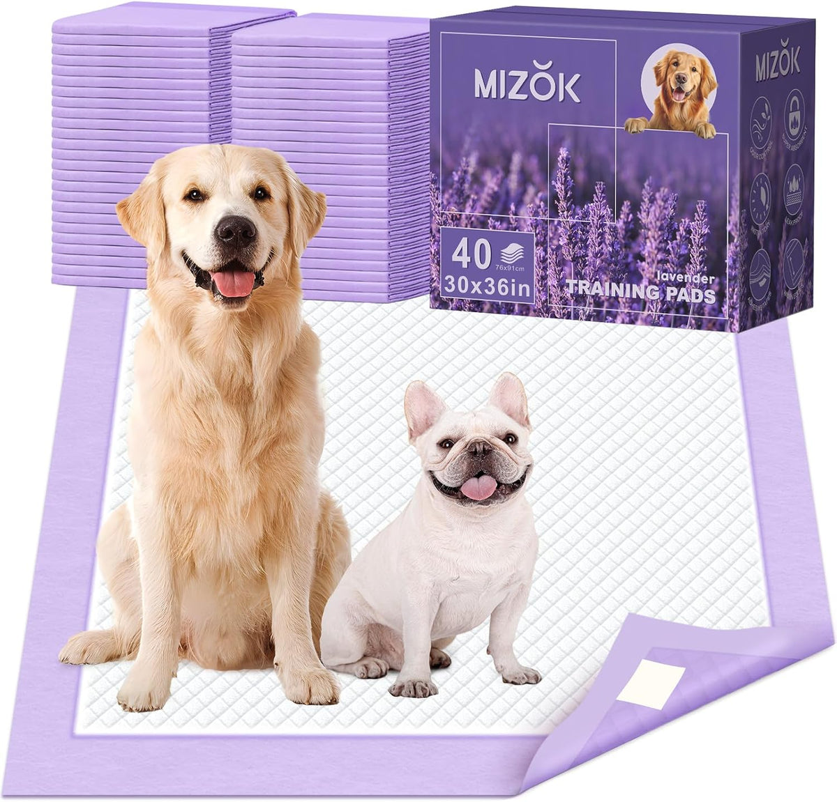 MIZOK Dog Pee Pads Wee Wee Pads Lavender Odor Control XXL 30x36in – Essentials for Dogs - X-Large 30"x36“ 40 Counts