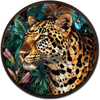 Lygond Metal Sign Tin Sign Circular Stained Glass Leopard Metal Signs Vintage For Restaurant 8×8 Inches
