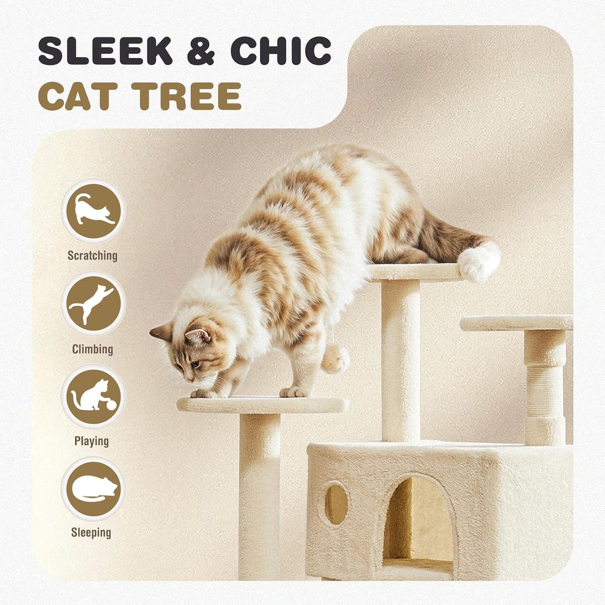 54 Inch Cat Tree Tower with Sisal Scratching Posts, Multi-Level – Essentials for Cats - Cream / 54"×19.7"×19.7" - image 4
