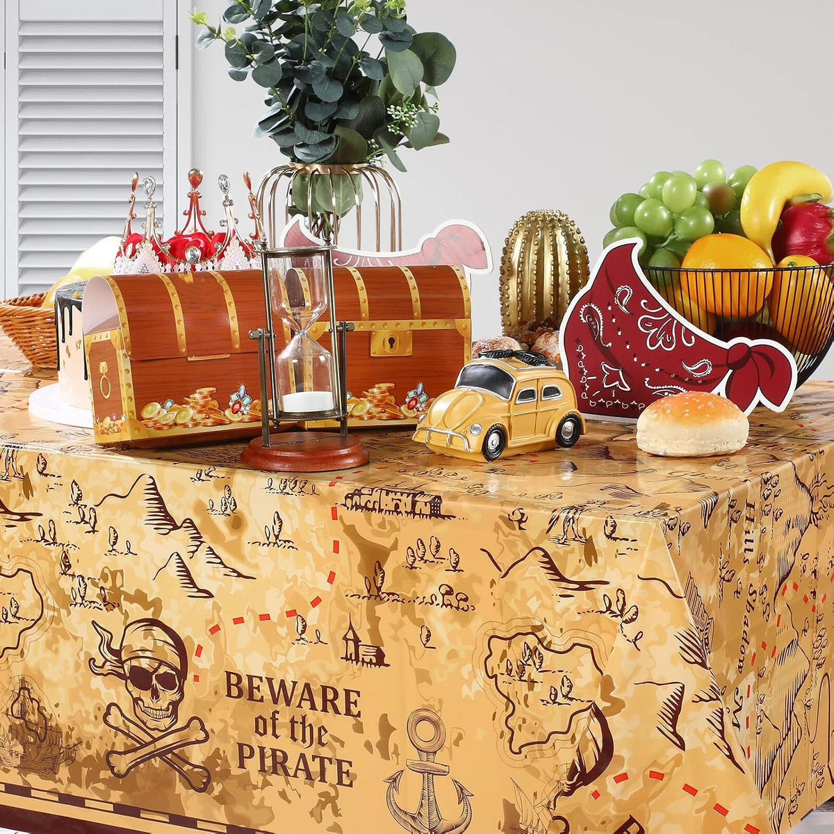 Irenare pirate tablecloth printed with a treasure map, skeleton, boat, mountain and treasure chest - view 15