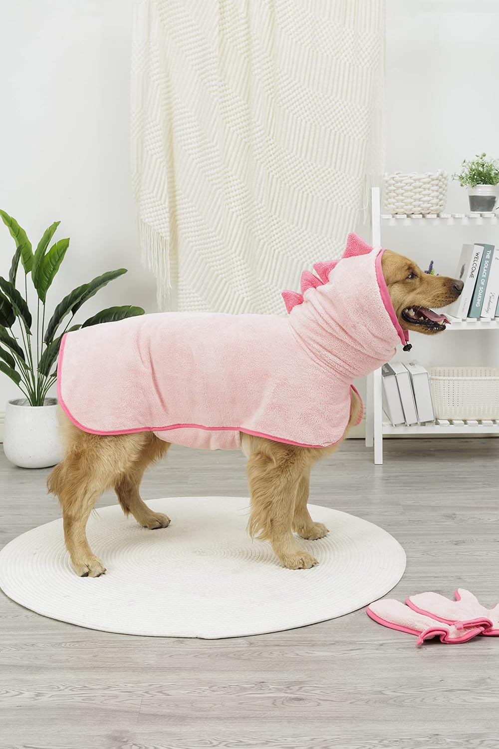 Pawyee Super Soft Fast-Drying Dog Towel with Drying Gloves for Cold - Large / Pink Dino - image 2