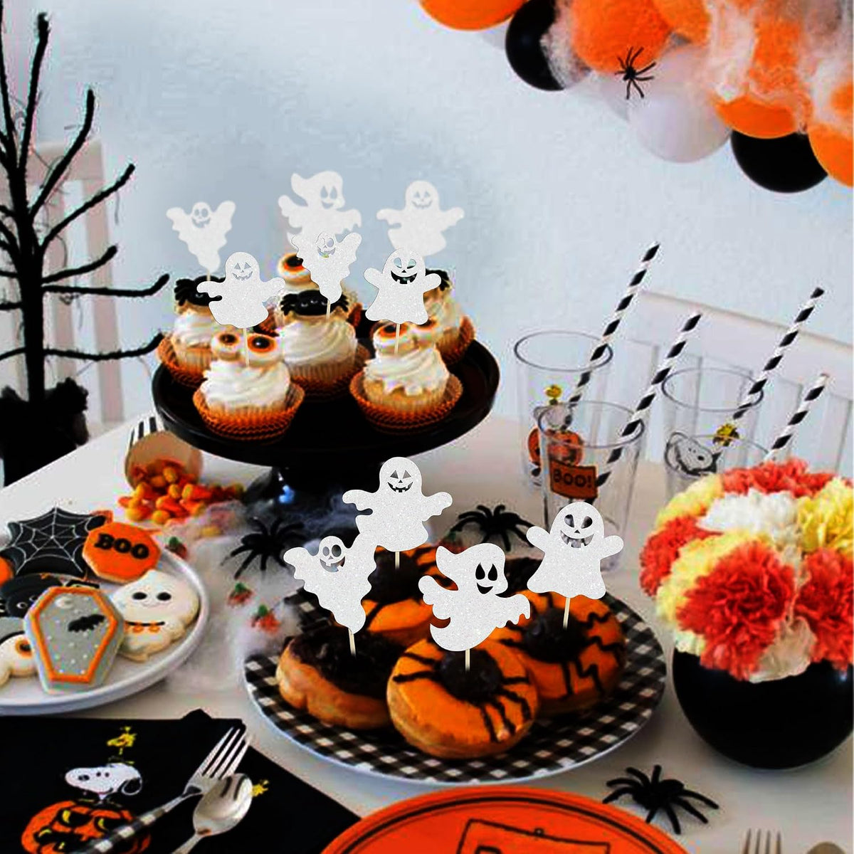 Gyufise black glitter Halloween happy birthday cake topper with half moon, house, pumpkin, ghost and - view 25