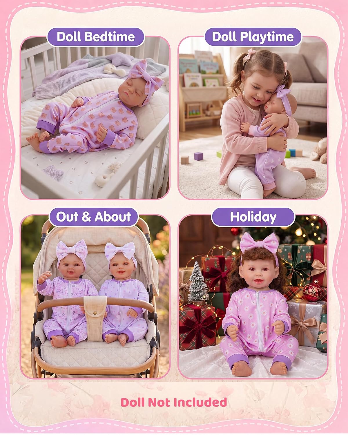 BABESIDE 5 Sets of Reborn Baby Doll Clothes, Headbands for 17 - Purple - image 4