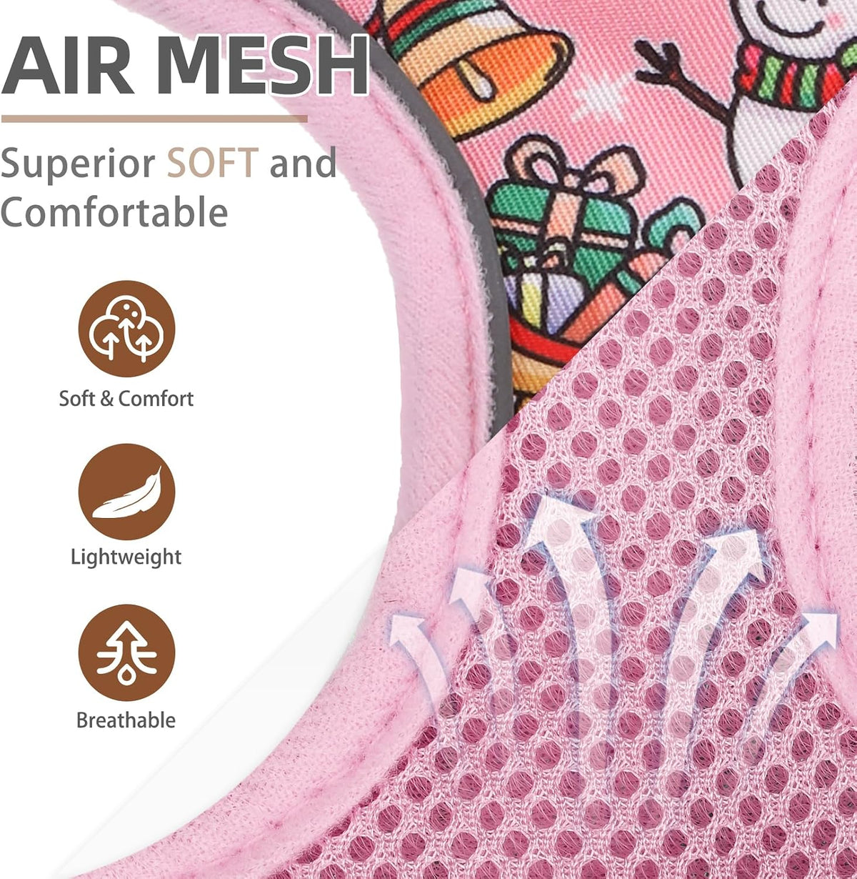 Pupteck Soft Mesh Dog Harness Sized and Leash Set Pet Puppy Cat - Pink (Snowmen) / S (NECK: 12", CHEST: 14"-18") / Classic over-the-head harness - image 2