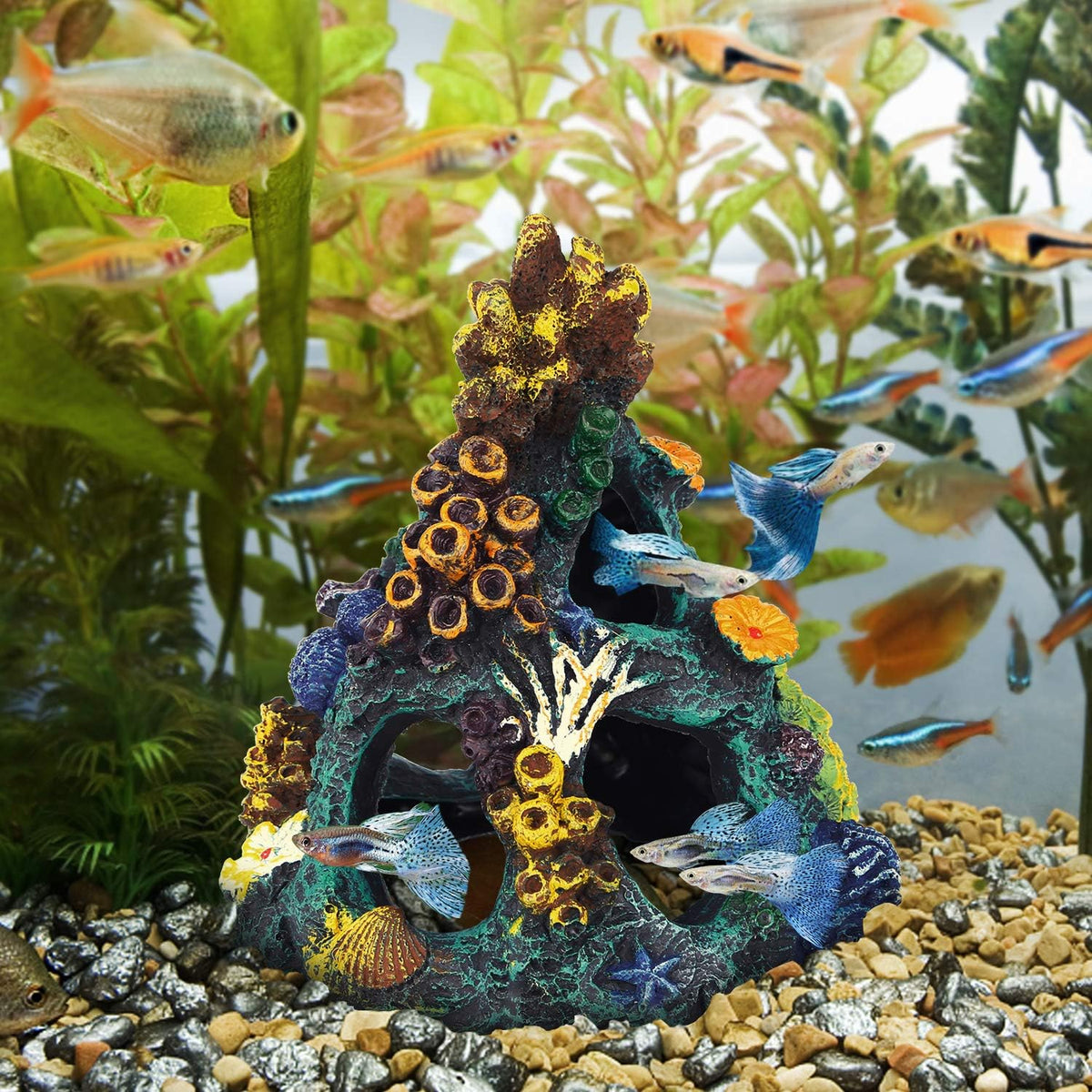 Uniclife Aquarium Decorations Resin Coral Rock Mountain Cave Fish - Green Coral Tower - image 2