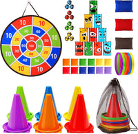 Redllo 58 piece carnival games set with dart board, numbered tin cans, cones and bean bags
