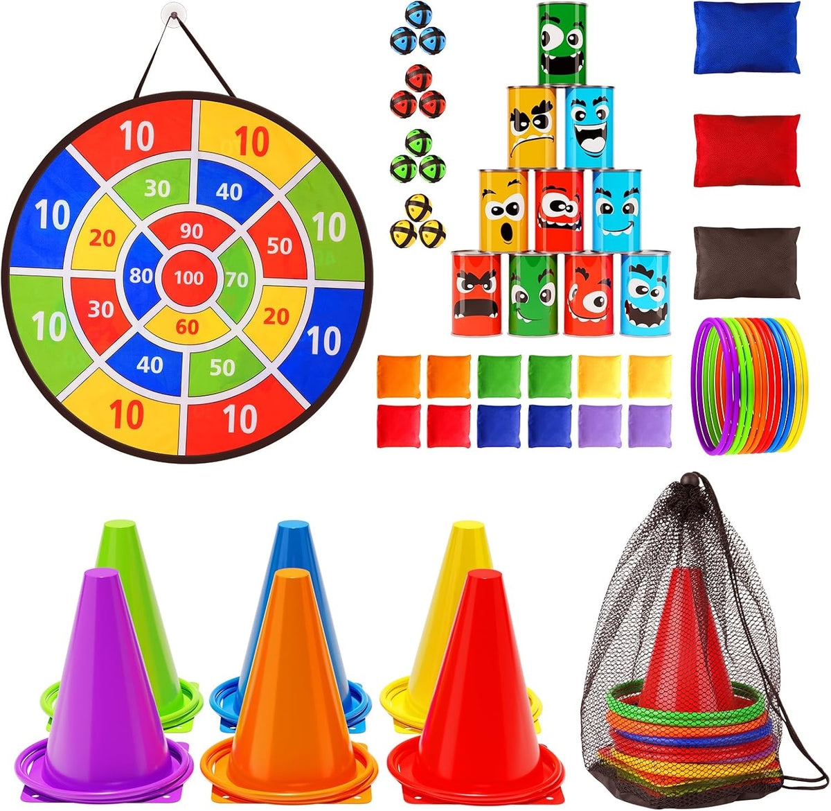 Redllo 58 piece carnival games set with dart board, numbered tin cans, cones and bean bags