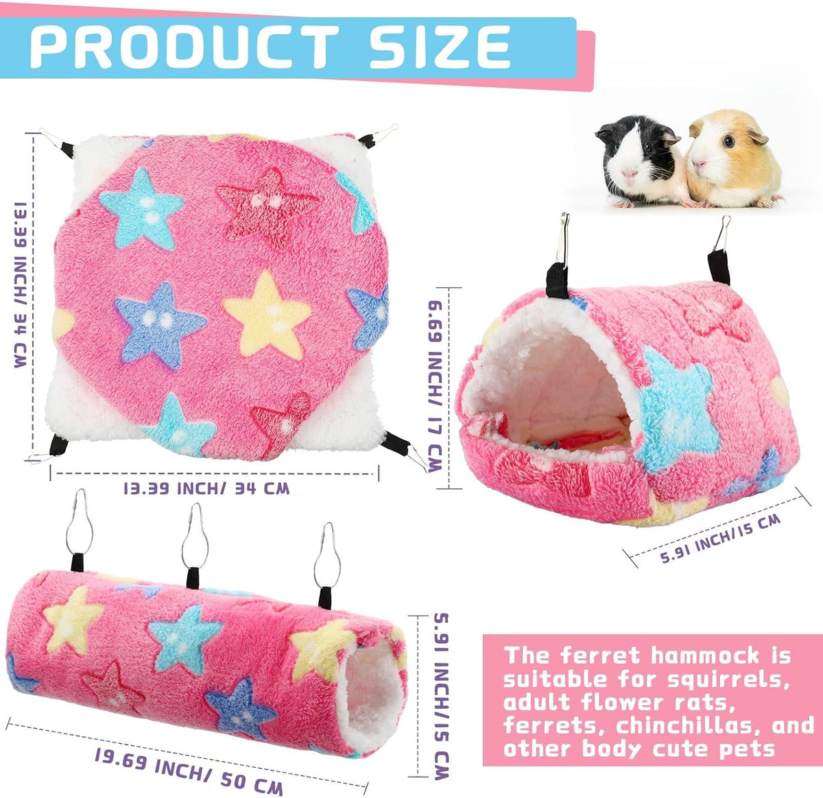 Abbylike 9 Pieces Rat Hammock 3 Tier Guinea Pig Ferret Hammocks Small - Green, Pink, Brown / Stars - image 2