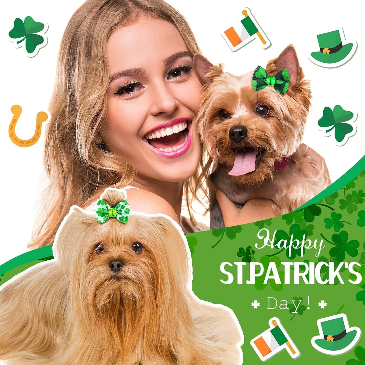 Tondiamo 100 Pack Halloween Dog Hair Bows Ghost Pattern Rubber Bands – Essentials for Dogs - Shamrock Pattern - image 3