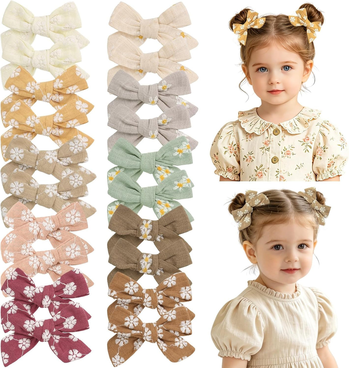 CÉLLOT Girls Hair Bows Linen Fabric 3.5" Bows Alligator Clips