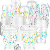 Domensi clear 12 oz Halloween ghost party cups with lids and pink striped paper straws - view 2