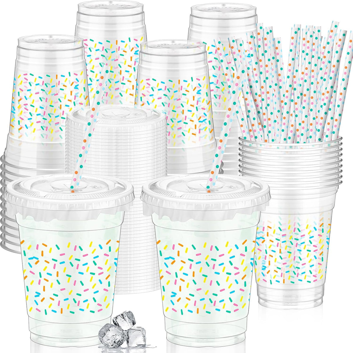 Domensi clear 12 oz Halloween ghost party cups with lids and pink striped paper straws - view 2