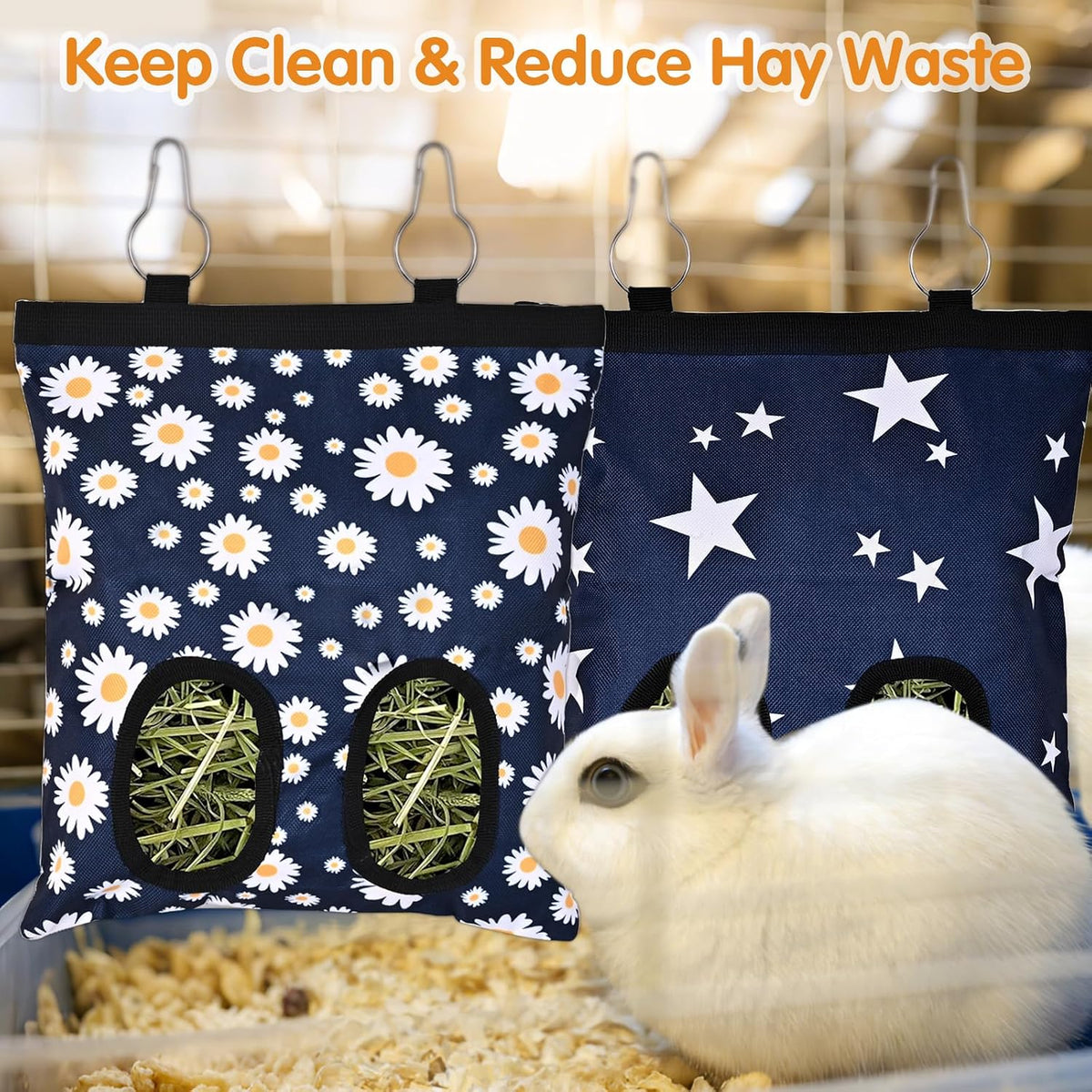 Upgraded Rabbits Hay Feeder Bag for Bunny, Guinea Pigs - Blue Star and Blue Daisy - image 3