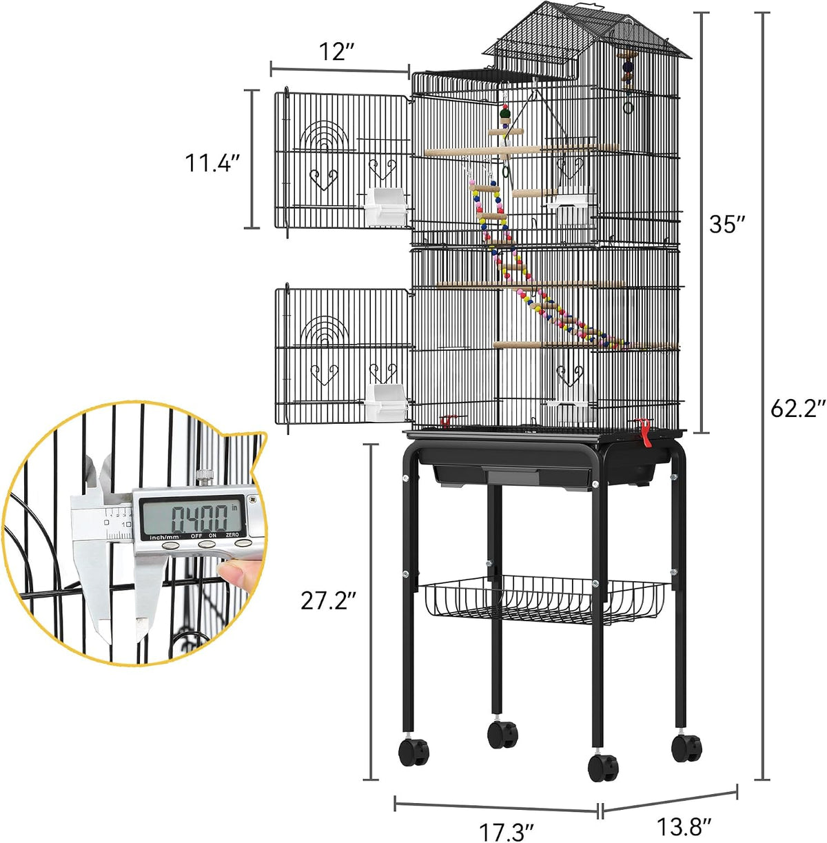 DWVO 62-inch Metal Bird Cage for Cockatiels, Parrots, Pigeons – Essentials for Birds - Black - image 2