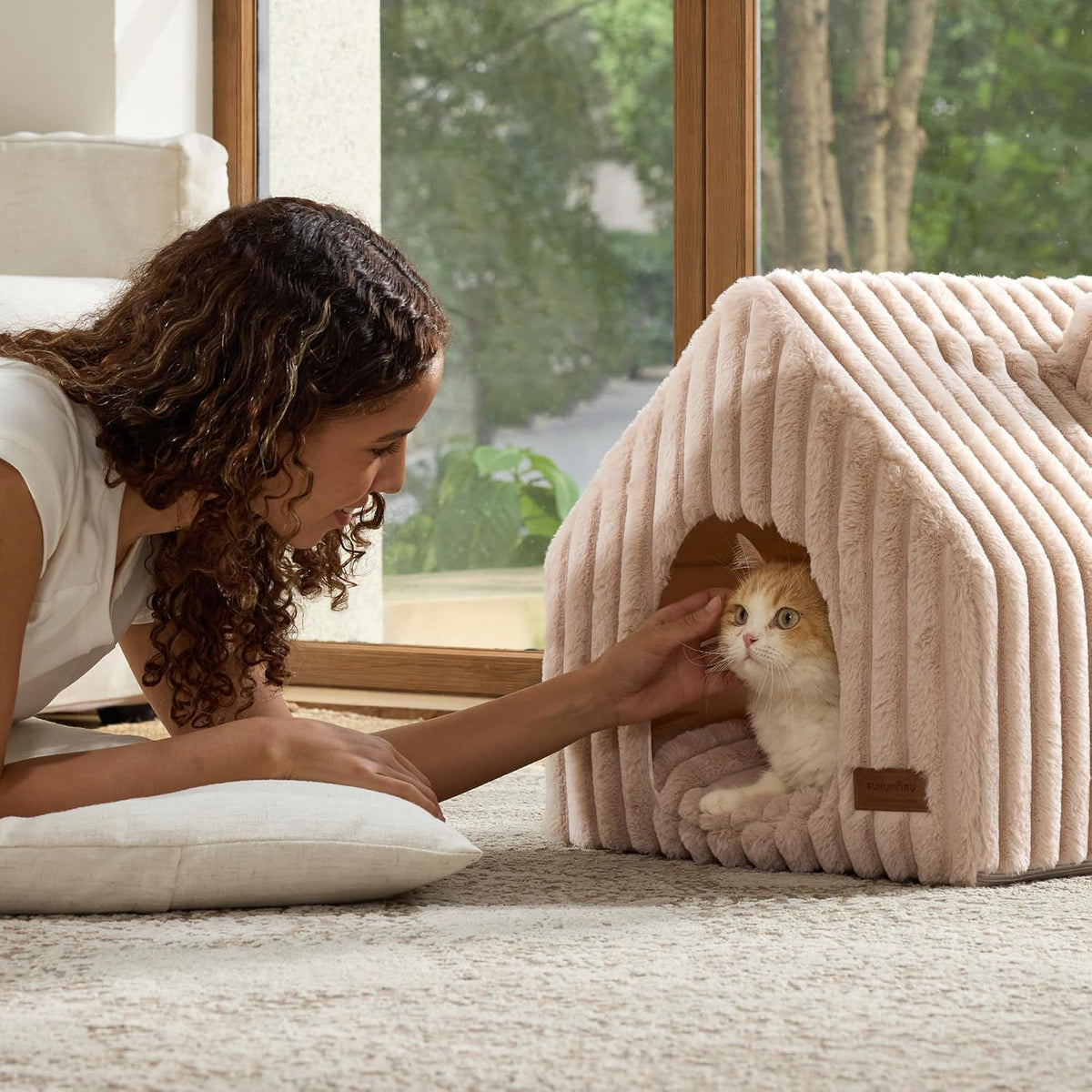 FUKUMARU Cat Bed Cave, Enclosed Washable Covered Dog Bed with Support Frame – Essentials for Cats - Pink Beige / 15 Inch (Cats up to 12 lbs, Dogs up to 7 lbs) - image 4