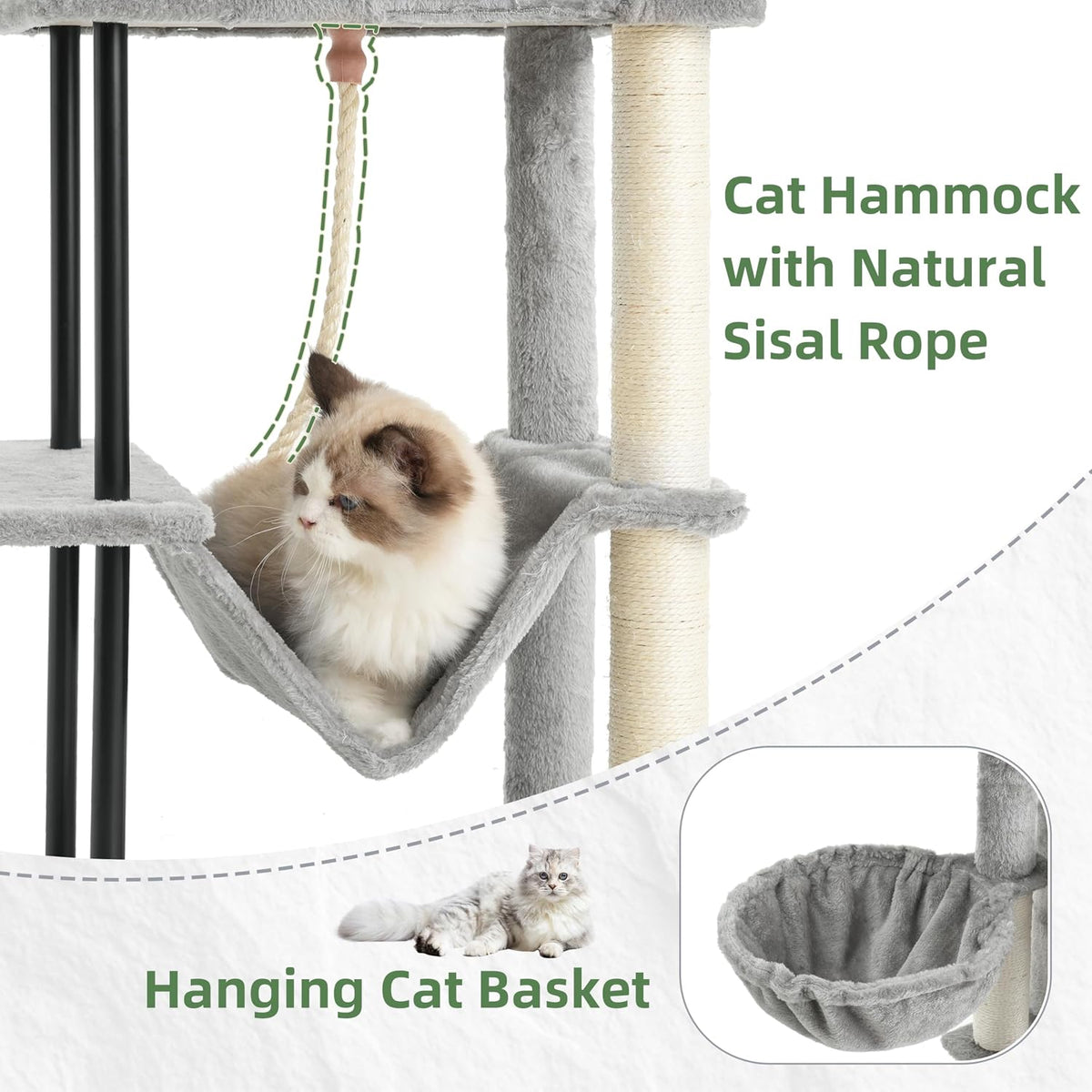 43.3 inch cat tree tower with hammock, condo and sisal for kittens - view 4