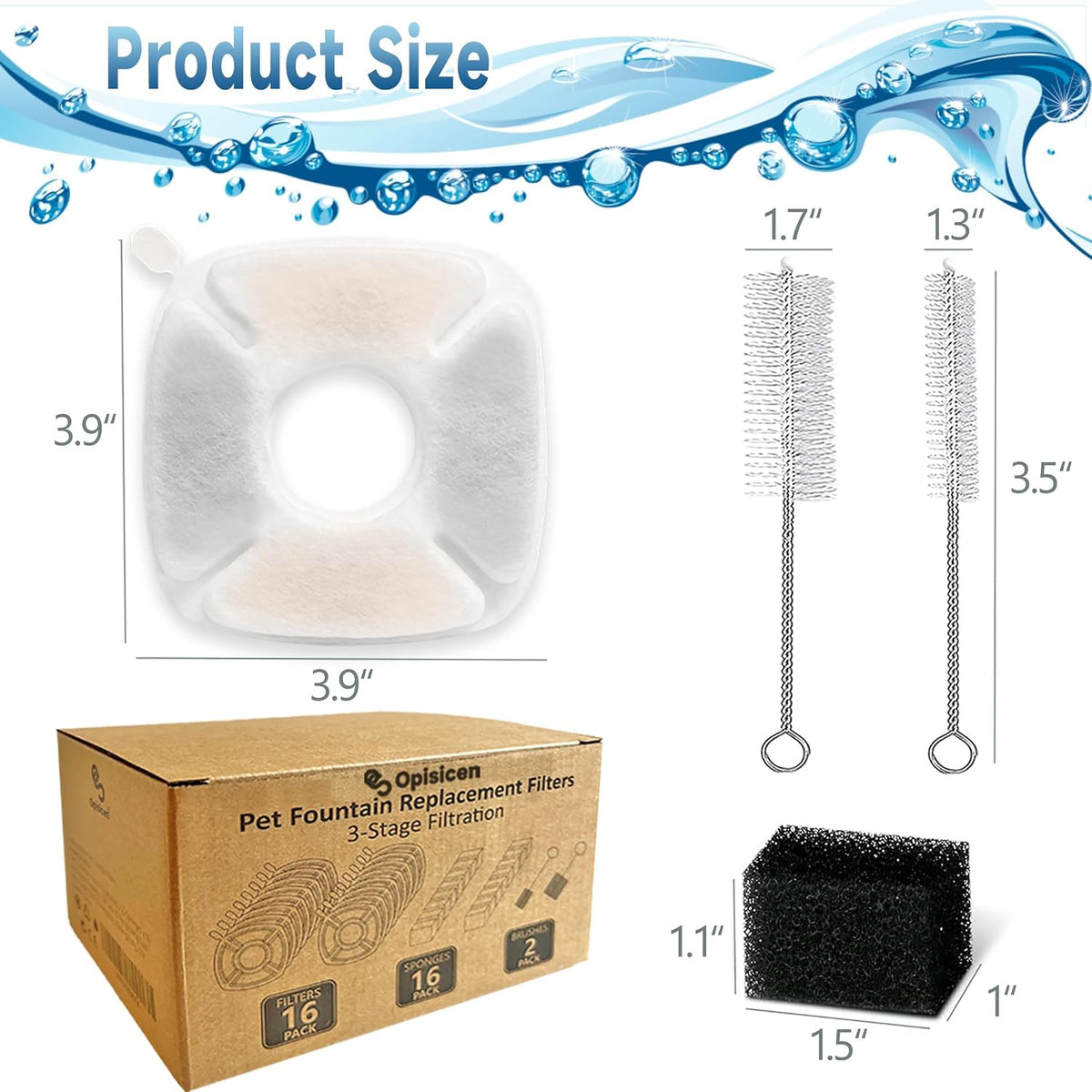 34 Pcs Cat Water Fountain Filters Replacement Compatible with VEKEN - 8 Filters+8 Sponges+2 Brushes - image 2