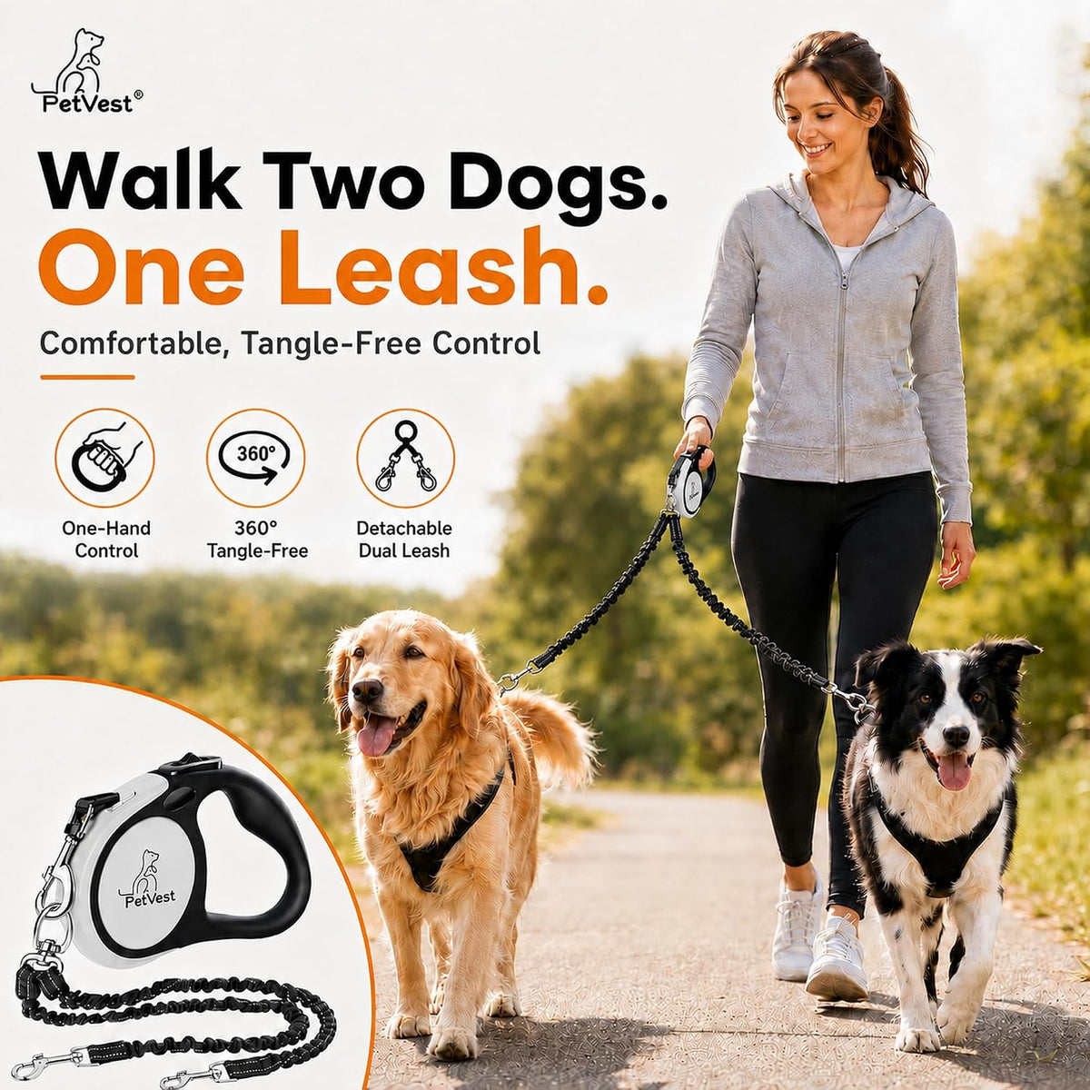 Dual Retractable Dog Leash, Detachable for Single Use - 10 FT - image 2