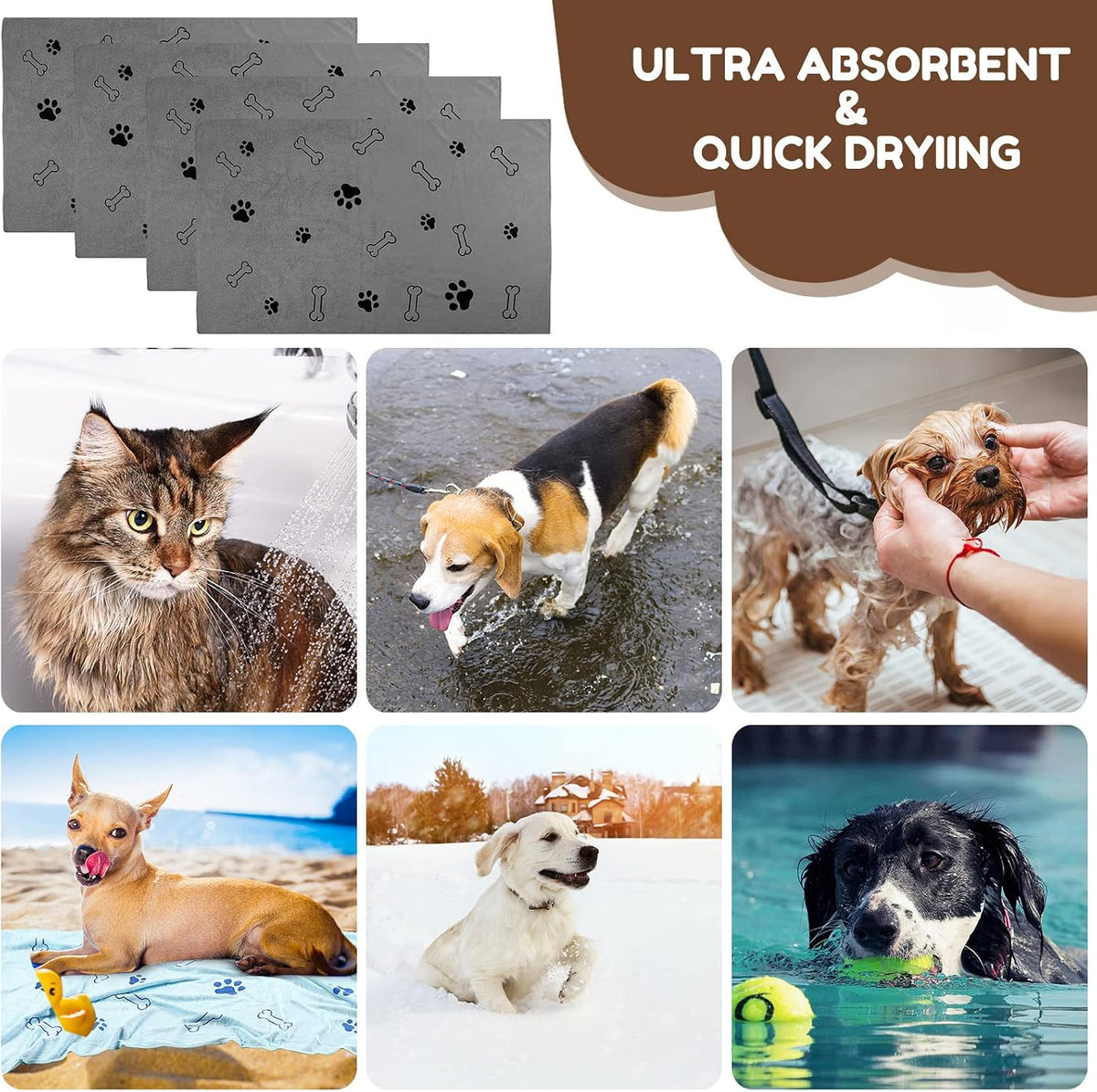 Chumia 4 Pcs Dog Towels for Drying Dog Puppy Bulk Microfiber - 55 x 28 Inch / Gray - image 4