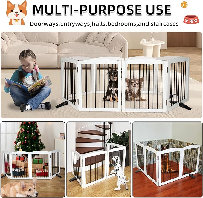 ZJSF Freestanding Panel Dog Gate for Indoor, Doorways,Stairs, or Hallways,Foldable Wooden White Pet Gates for House,Pet Gate for Dogs,Dog Fence, Puppy Gate,Support Feet Included,24 "Height-4 Panels