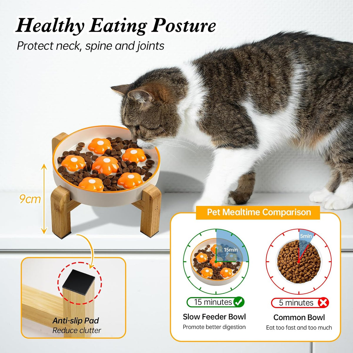 Ceramic Slow Feeder Cat Bowl, 6.3" Whisker Friendly Anti-Vomit - Orange + Stand - image 3