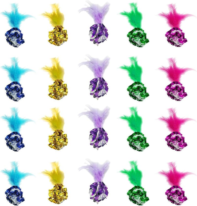 SunGrow Cat Crinkle Balls - Multicolor (With Feather), 20 Pieces