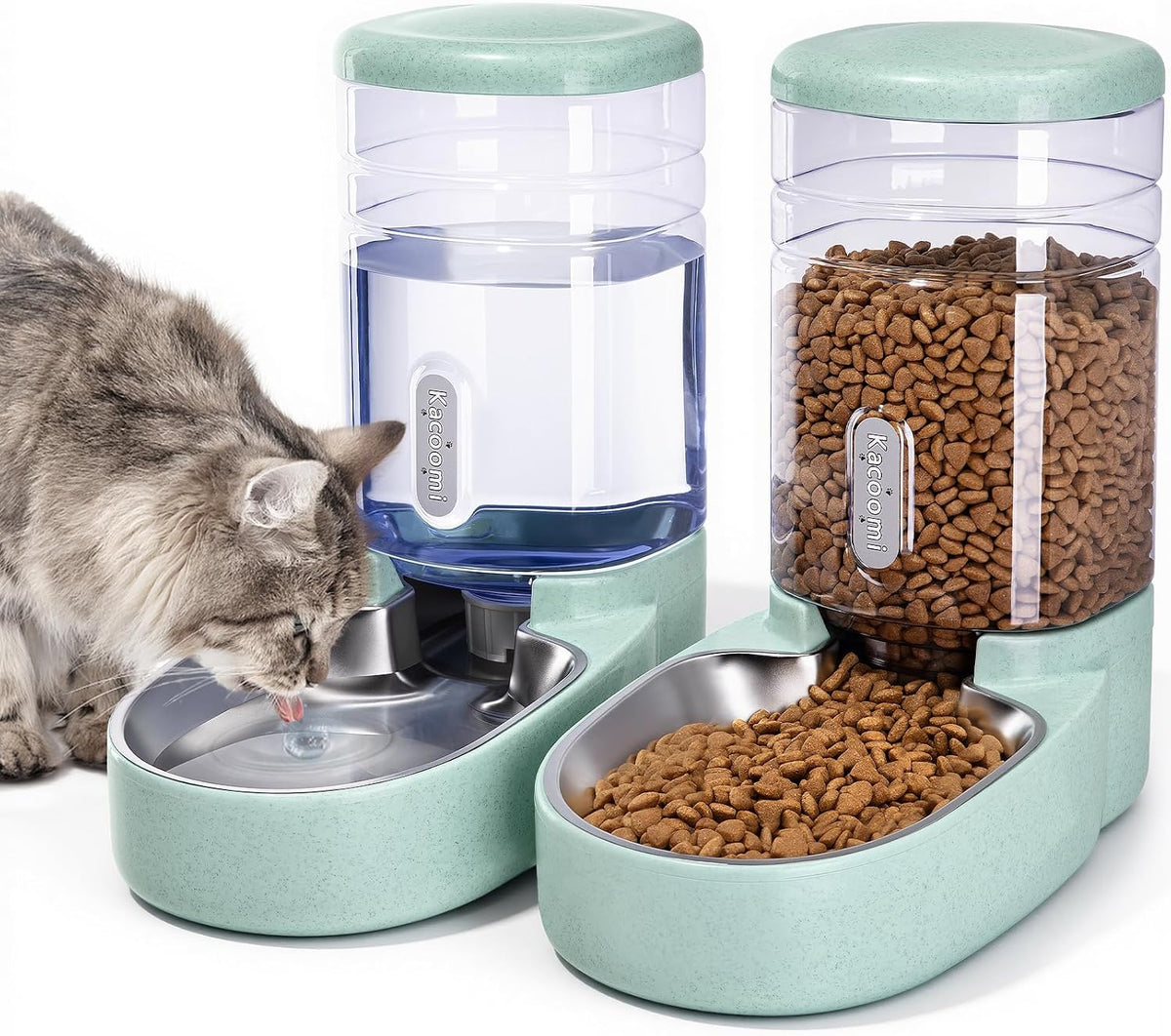 Automatic Cat Feeder and Water Dispenser with Stainless Steel Bowl - Stainless Steel-Green