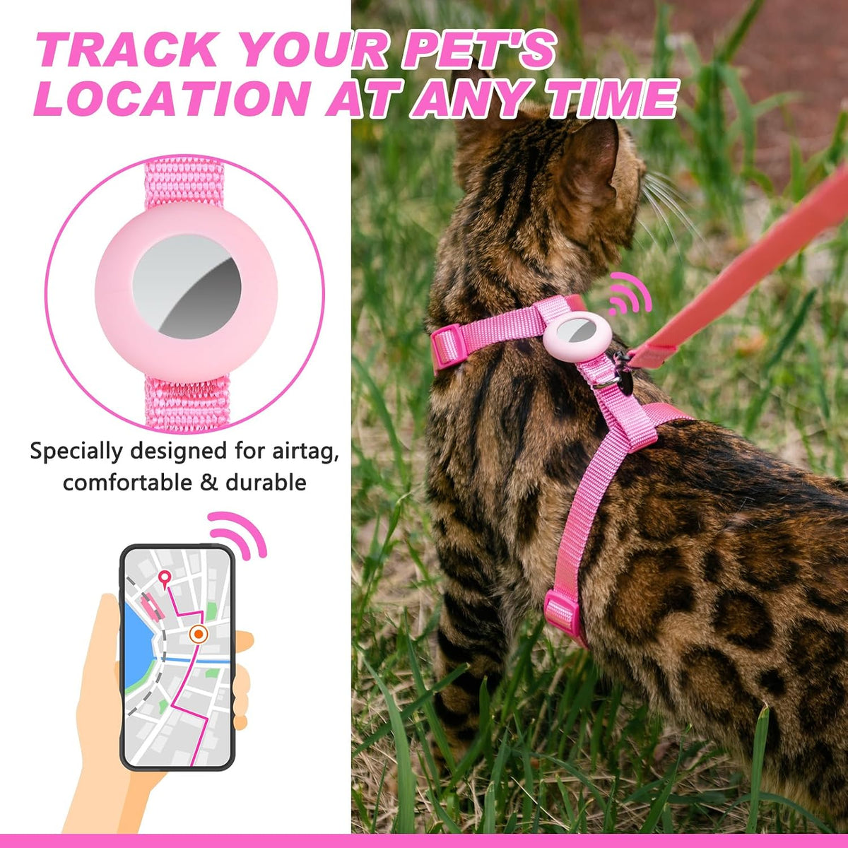 Cat Harness and Leash Set with Airtag Holder for Walking & Travelling - Pink - image 3
