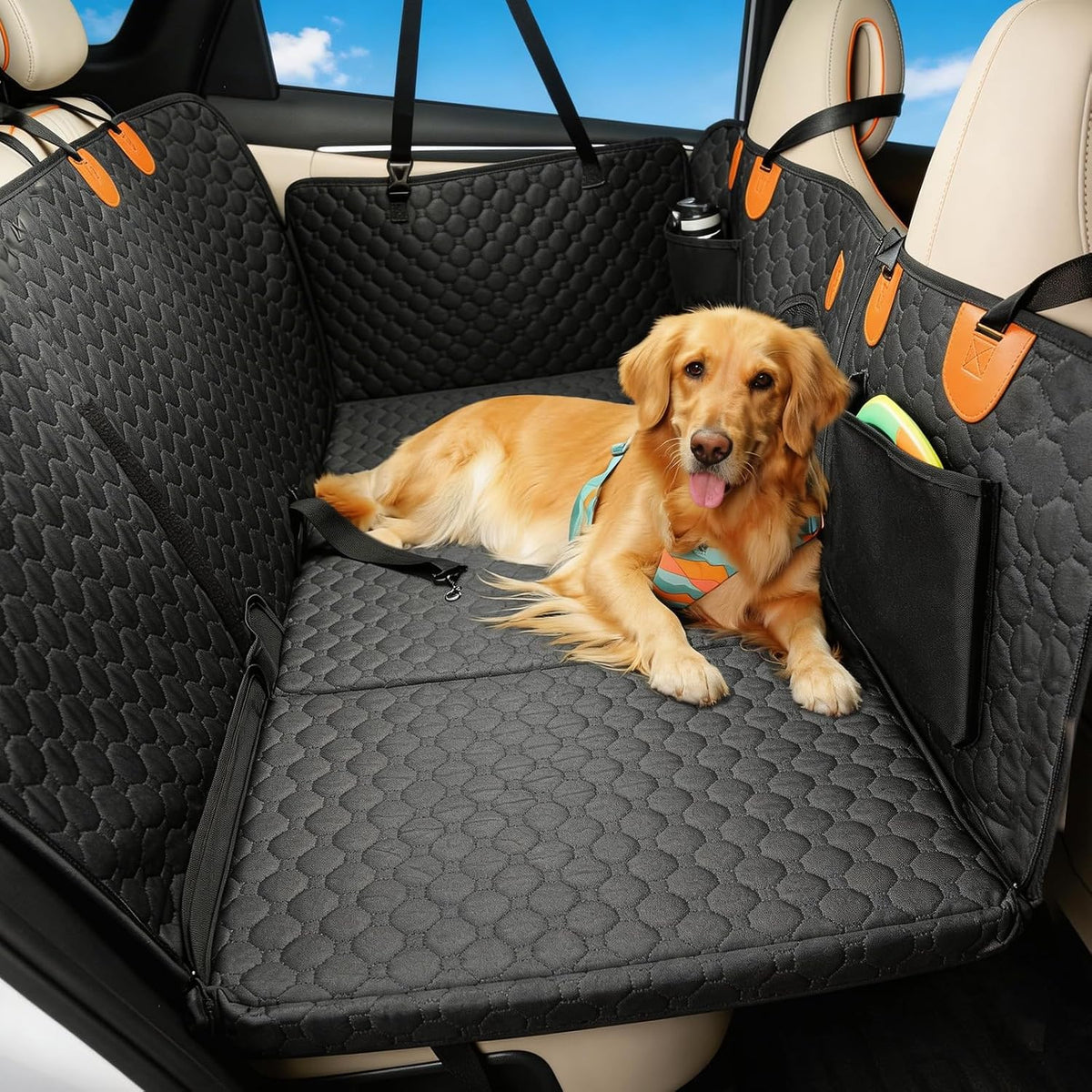 Back Seat Extender for Dogs - Black & Orange / L - For Cars/ Mid-Size SUV/ Small Truck