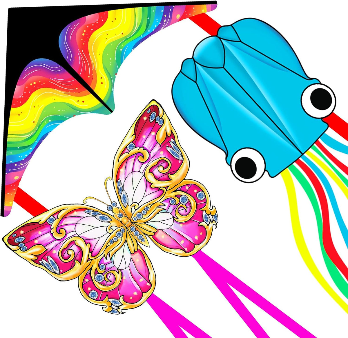 Xida Butterfly Kites for Kids and Adults Easy to Fly - 3 Pack (Delta+ Pink Butterfly+Octopus)