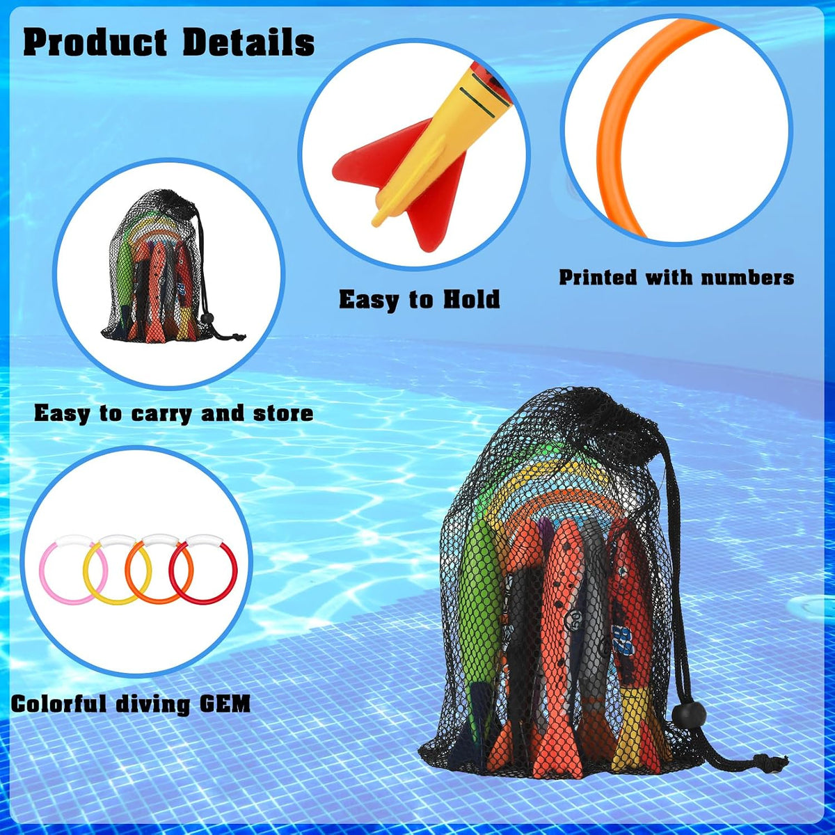 Leislam 16 piece pool diving toys with dive rings, dive sticks, dive gems and storage bag - view 10