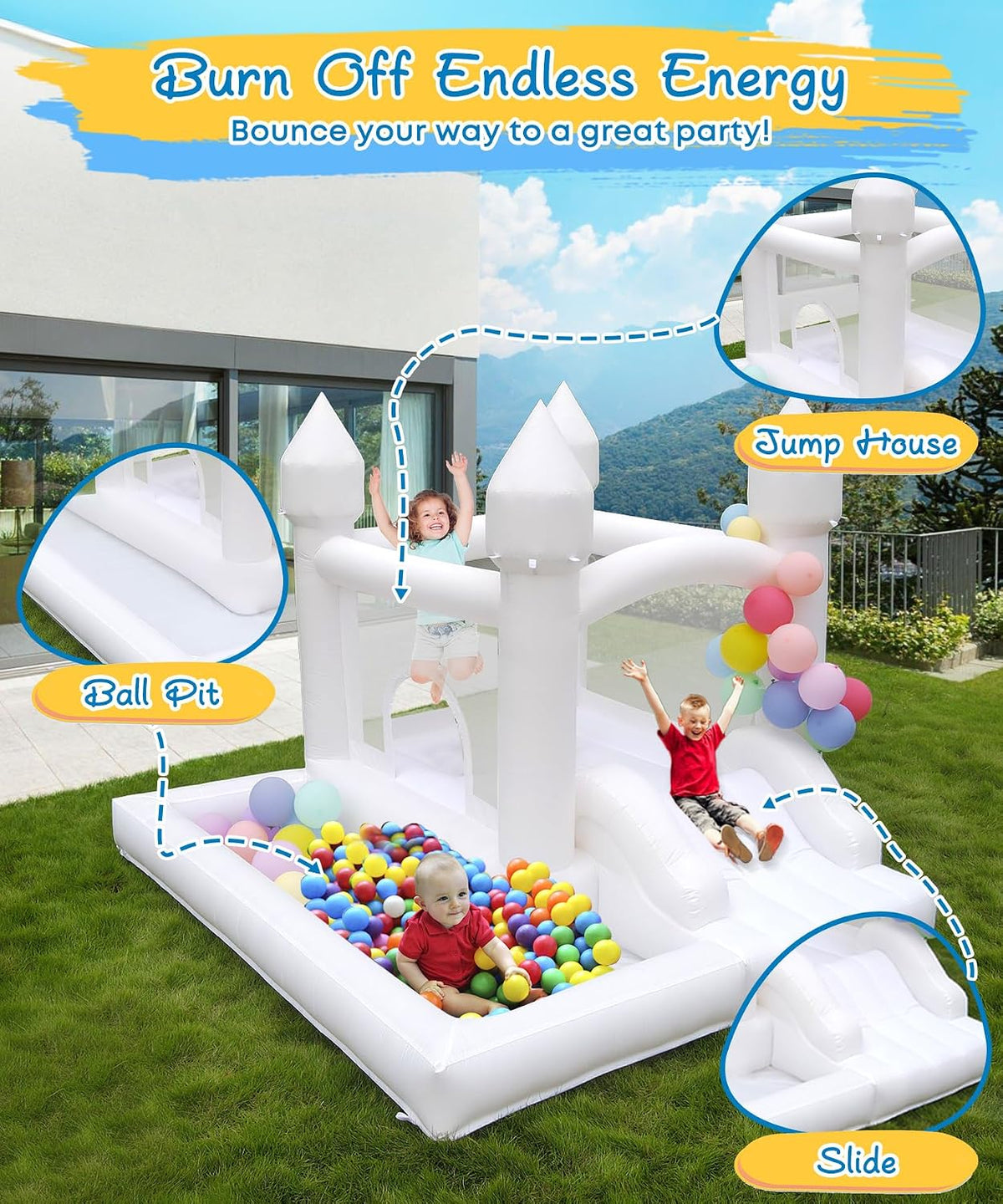NBSPORT white bounce house with slide, ball pit and mesh walls - view 6