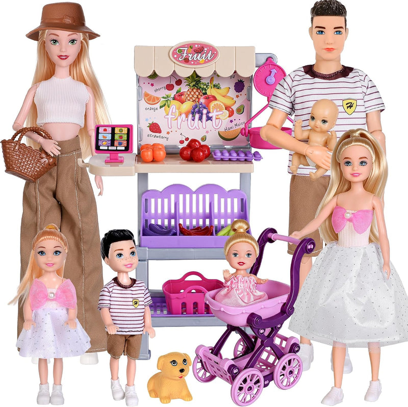dollbie Dolls Family Playset with Baby Stroller Set, 6 People - Li08