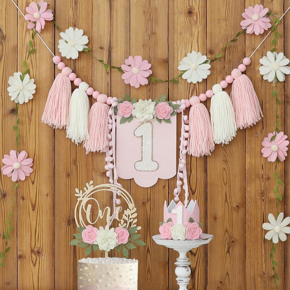 DCJHFJ First Birthday Decorations for Boy Highchair Banner One - White Pink