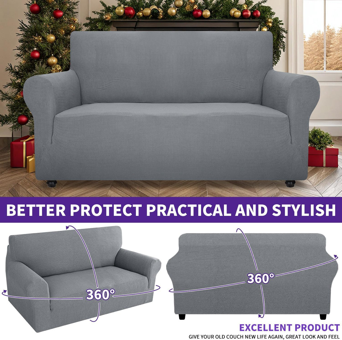 Super Stretch Couch Cover Universal Sofa Covers with Elastic Bottom - Light Grey / Medium (57"-70") - image 3