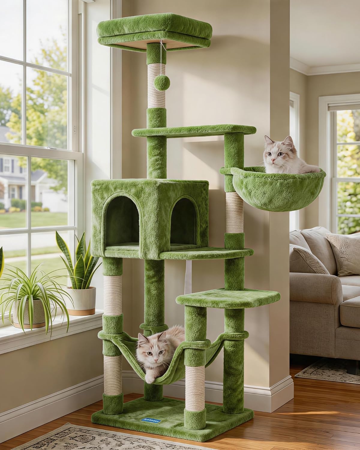 Hey-brother Cat Tree, Multi-Level Sisal Covered Scratching Posts - Green / 60.6 Inches