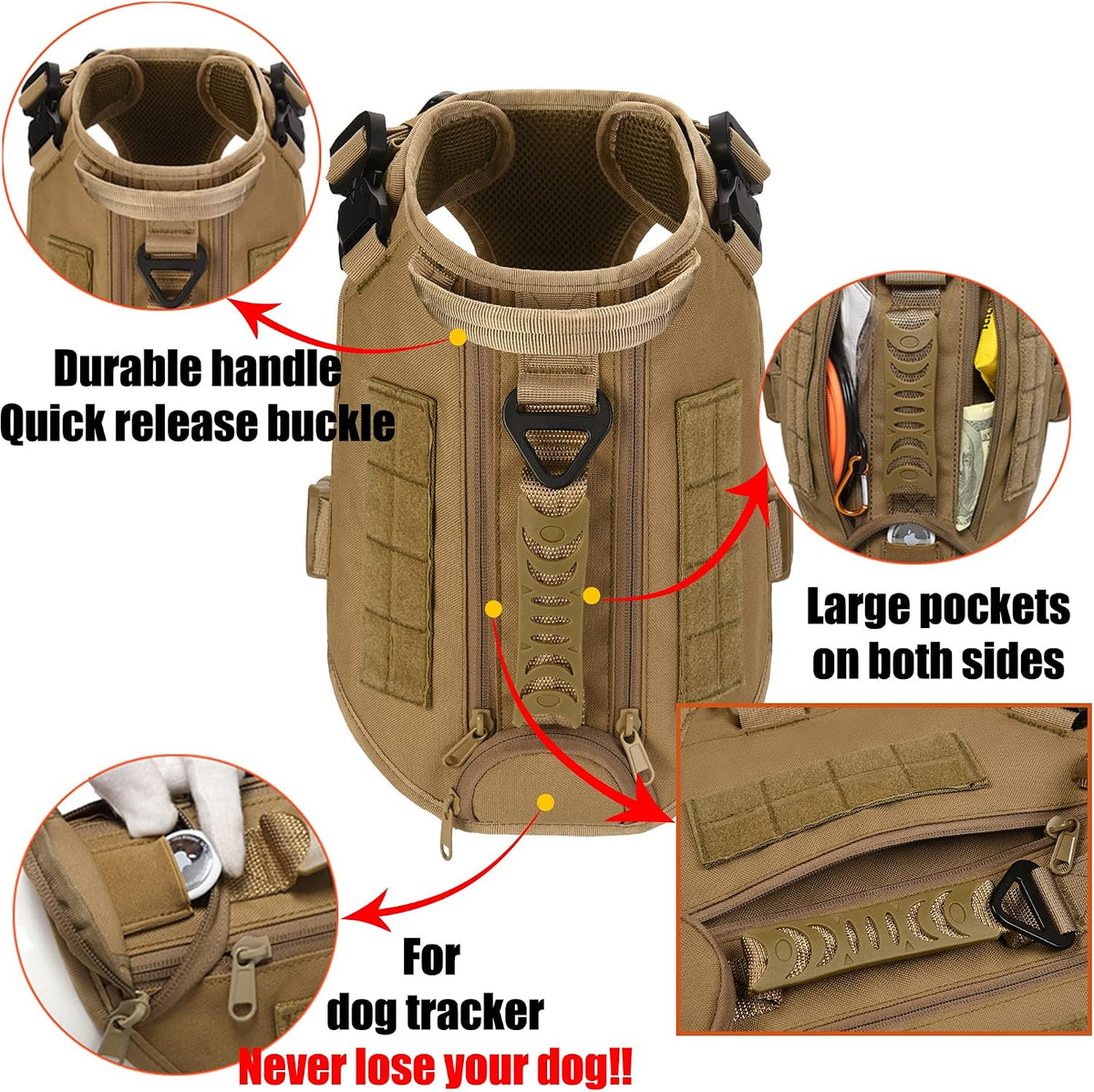 Tactical Dog Backpack Harness for Large Breed Original Design Metal - L / Khaki (vest only) - image 2