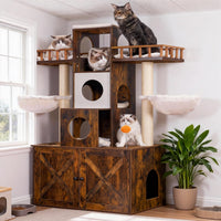Heybly Cat Tree with Litter Box Enclosure for Indoor Big Cat HCT110SG – Essentials for Cats - Rustic Brown / 60 inch