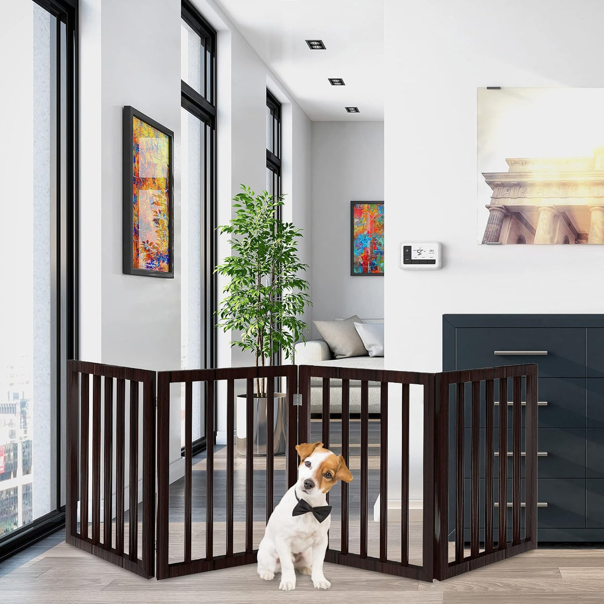 Pet Gate, 4-Panel Indoor Foldable Dog Fence for Stairs, Hallways - Brown / 4 Panel - image 2