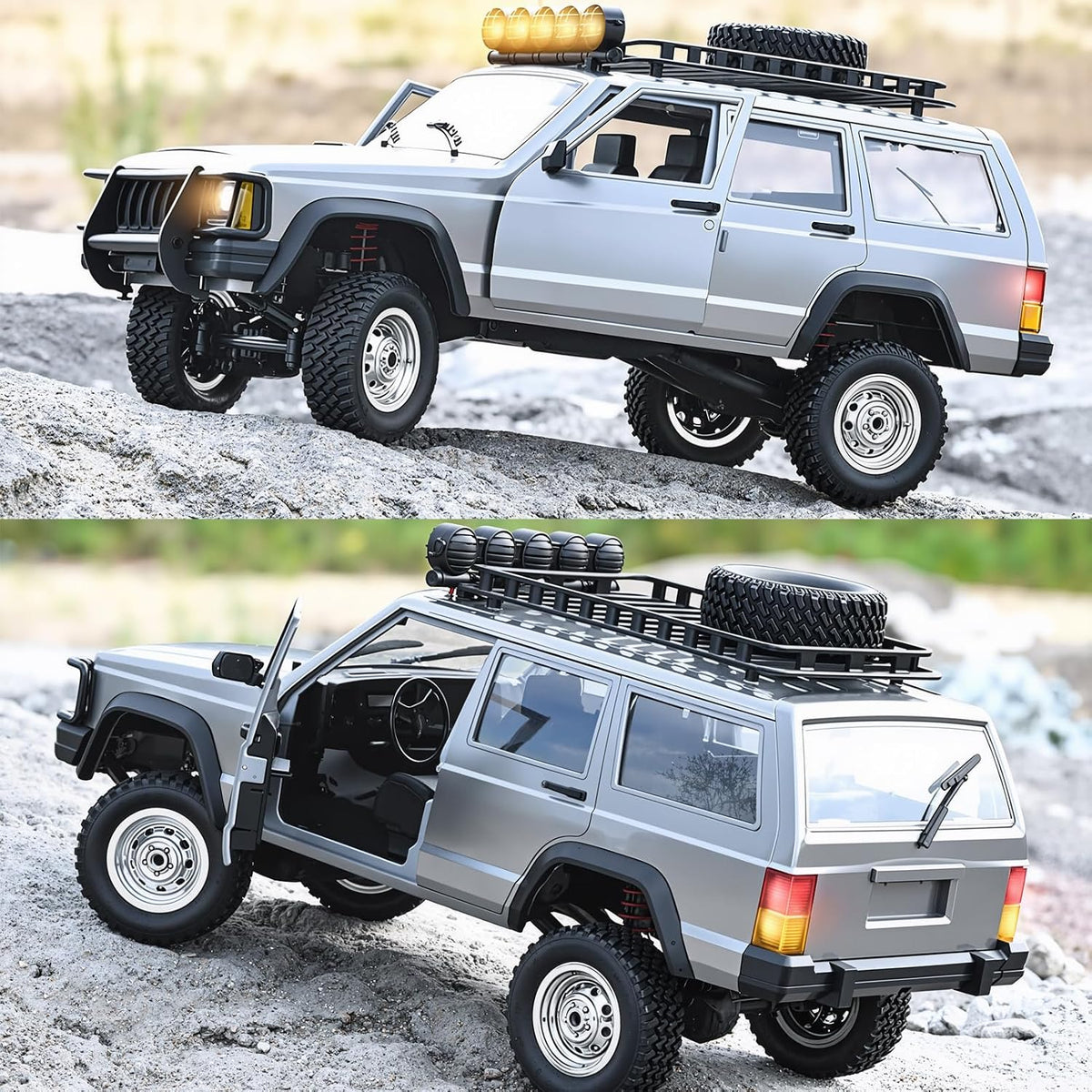 Goolsky silver 1:12 scale RC rock crawler with LED lights on rocky ground - view 6