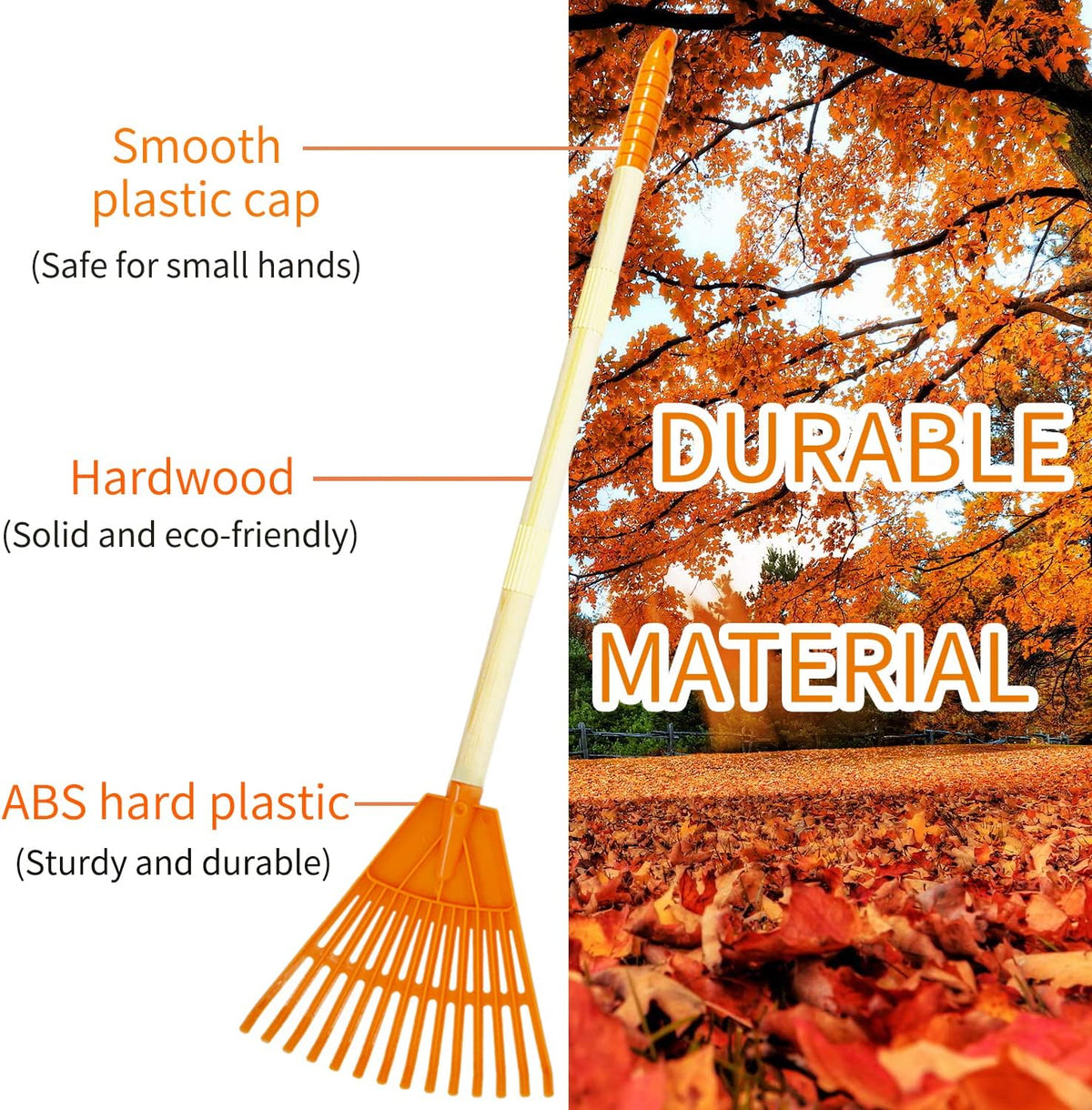 POMIKU kids rakes, four orange child size leaf rakes with wooden handles - view 3